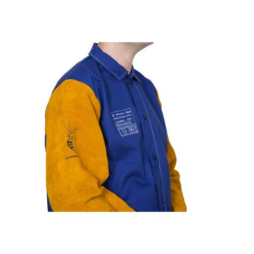 Yellowjacket® niebieska, trudnopalna, bawełniana kurtka spawalnicza z żółtymi, skórzanymi rękawami z dwoiny bydlęcej (M)